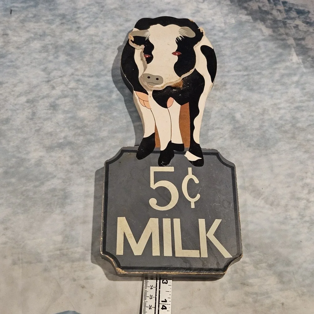 Vintage 5¢ Milk Cow Wooden Wall Sign Farmhouse Kitchen Dairy Decor